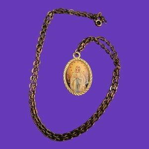 Vintage Our Lady Of Lourdes Protection Medallion Chain Necklace